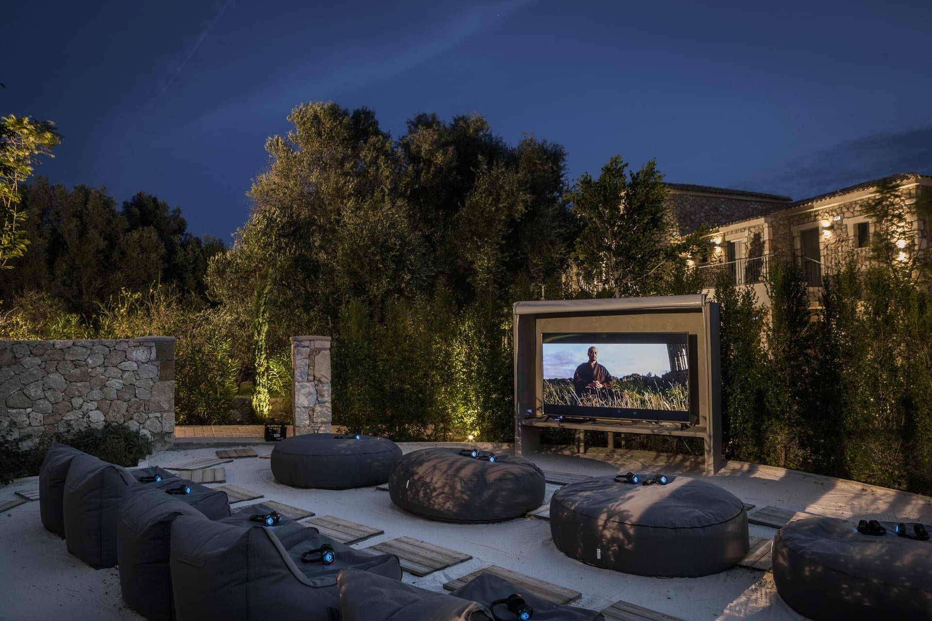 outdoor cinema at a wellness retreat in Greece