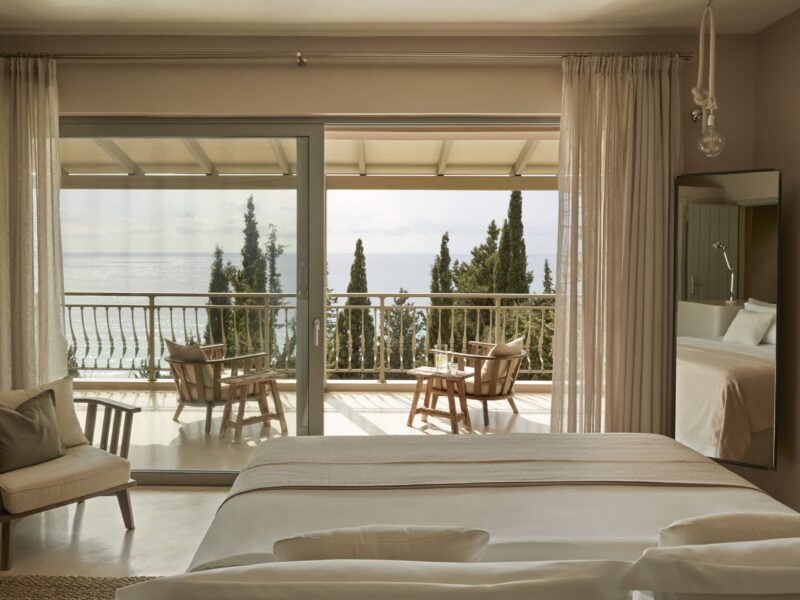 luxury bedroom design with sea view at kefalonia retreat