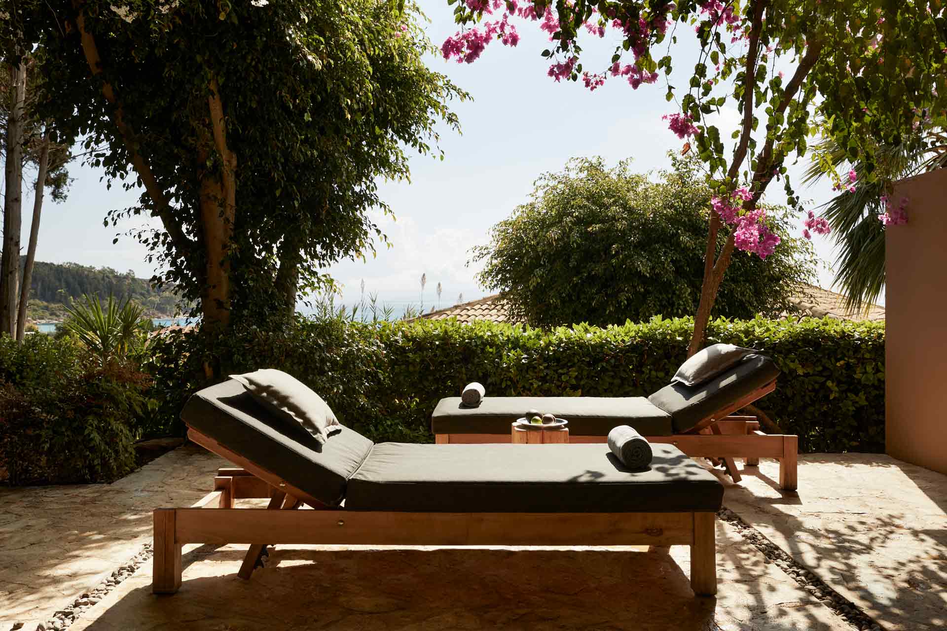 sunbeds at an outdoor patio in Kefalonia
