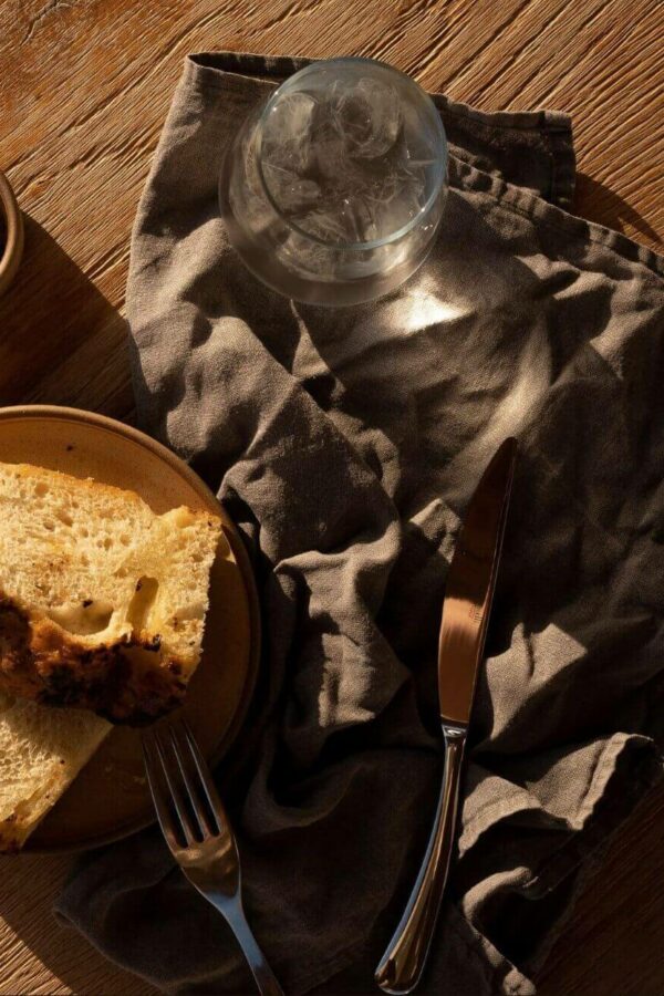 dish with cake and water