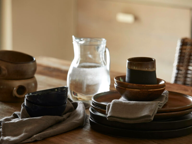 plates and a bottle of water on a table