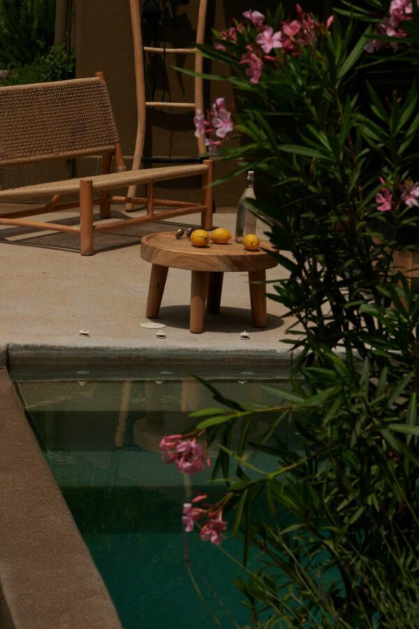 outdoor view of coffee table and lounge chair